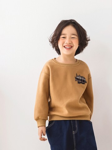 格紋恐龍刺繡拼接內刷毛上衣