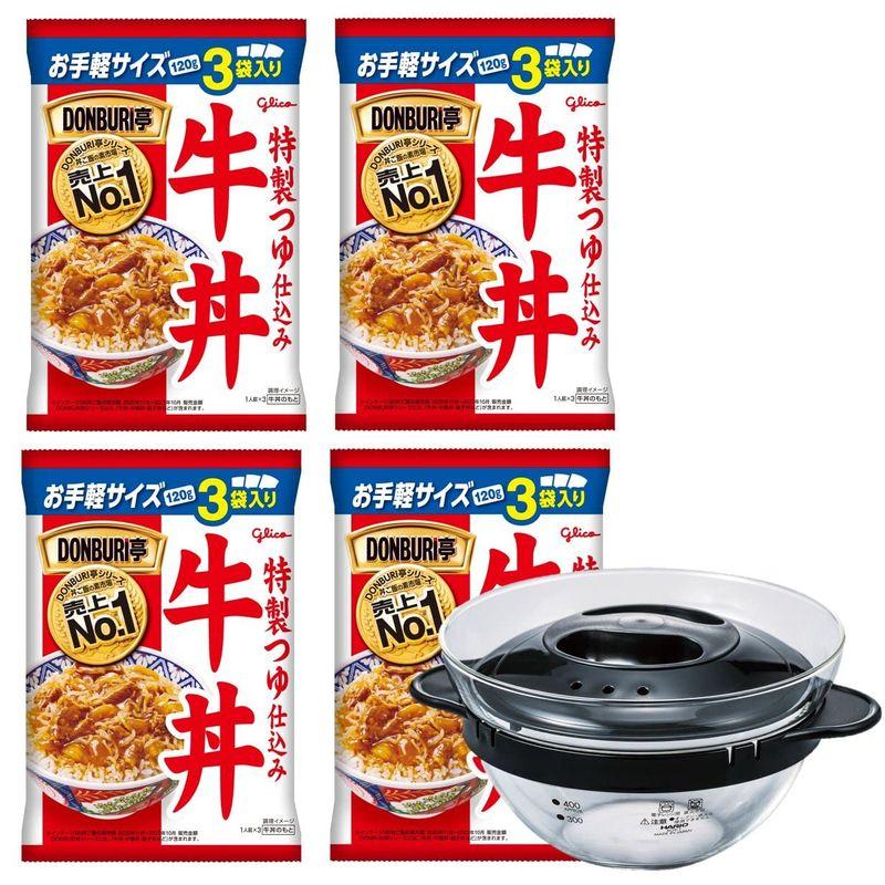 公式グリコ DONBUR亭 3食パック 牛丼 4個 ＆ HARIO ガラスのレンジおかず鍋 セット
