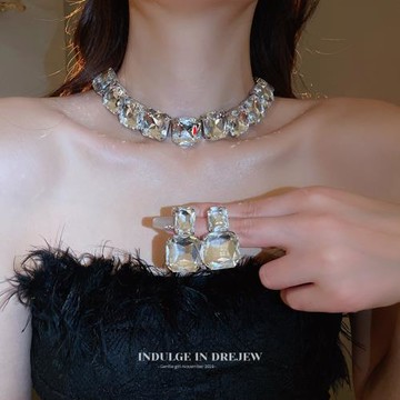 （兩件套）金色晚禮服項鏈耳環套裝輕奢小眾choker項圈夸張頸鏈子