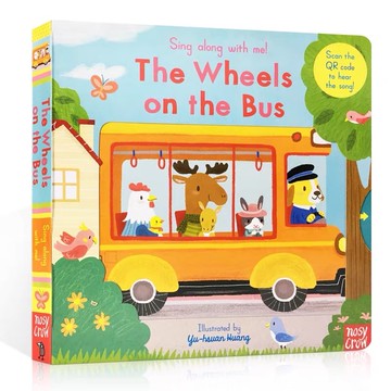 送音頻「The wheels on the bus」聽唱玩童謠遊戲書 厚紙板書 操作機關書 推拉書 轉轉書  互動式繪本