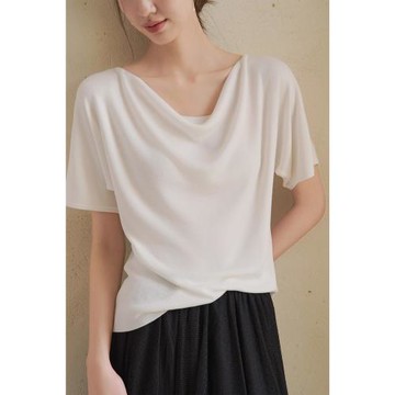 (免運)法式白色蕩領冰絲短袖針織T恤女夏季薄款純欲風寬松別致絕美上衣