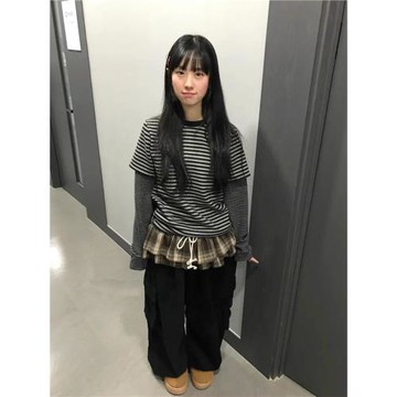 Exclusive type 韓國小眾設計磨毛軟糯條紋拼色假兩件長袖T恤上衣