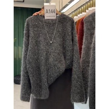 超好看復古洋氣灰色亮片馬海毛2024年秋冬爆款寬松休閑慵懶風毛衣