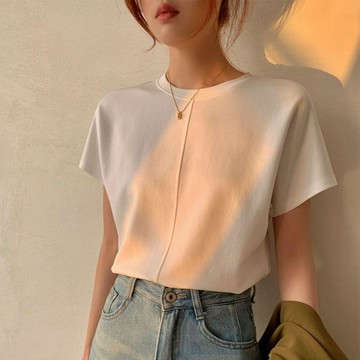 白色t恤女夏季新款寬鬆重磅純棉短袖百搭設計感圓領女裝