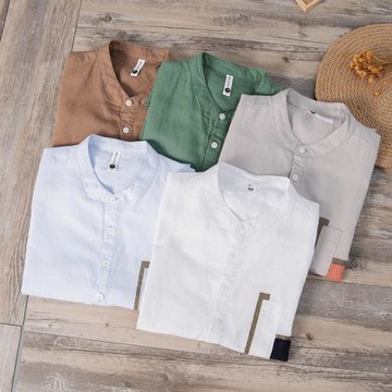 夏季男士亞麻短袖襯衫套頭半開衫襯衣棉麻寸衫潮牌青年薄款汗衫衣