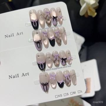 ➕最新設計款穿戴甲💅闇夜公主黑紫法式蝴蝶結格紋溫柔貓眼氣質甜美小衆辣妹學生美甲中橢圓穿戴甲 C8XD