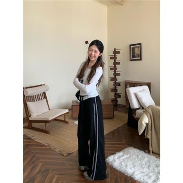 DOMX秋冬季黑色直筒休閑衛褲女韓版寬松蕾絲邊闊腿褲顯瘦褲運動褲