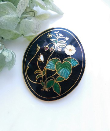 Vintage Jewelry 西洋古董飾品 景泰藍 黑底花卉 別針