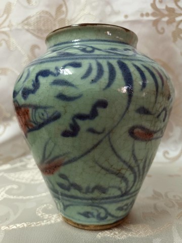 明末清初青花釉裡紅魚藻紋罐