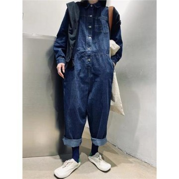 新蕊春季寬松減齡牛仔高腰顯高顯瘦大碼POLO領港風帥氣時尚連體褲