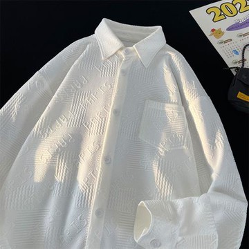 高級感肌理感長袖襯衫男春秋新款寬松休閑襯衣日系復古男裝外套潮