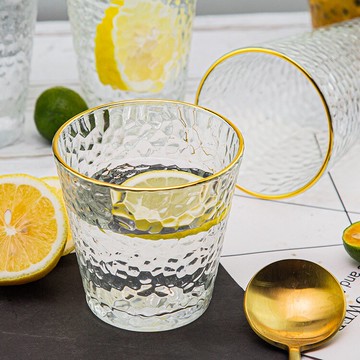 廠家日式錘目紋玻璃杯網紅ins風描金杯家用牛奶早餐果汁杯子