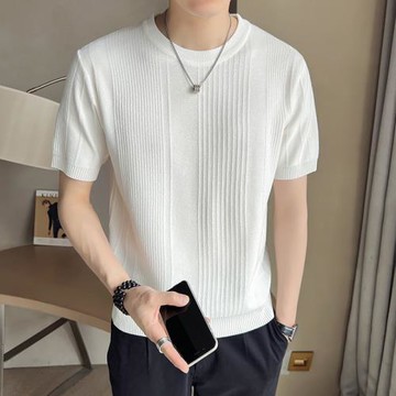 (免運)白色冰絲短袖T恤男夏季2025新款修身純色體恤痞帥高級感上衣內搭