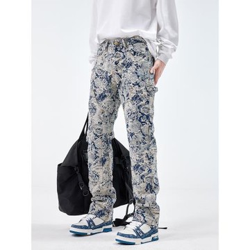 原創設計感小眾牛仔褲男士潮牌提花破洞寬松直筒秋冬款高端提花褲