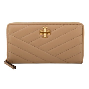 TORY BURCH KIRA 金屬雙T 縫衍紋皮革拉鍊長(杏米色)