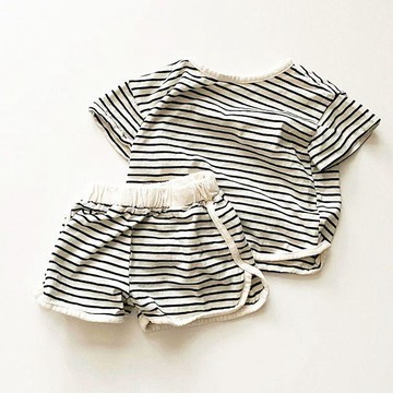 Mini baby🌷兒童夏裝韓版套裝 男童女童韓範 條紋短袖休閒短褲兩件套
