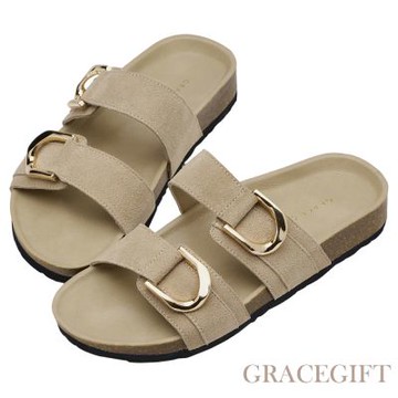 【Grace Gift】日光奶茶復古金屬扣雙帶拖鞋 深杏