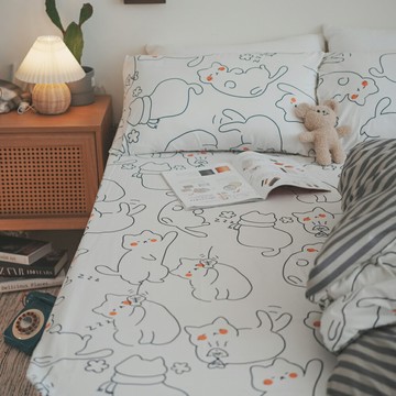 北歐磨毛 床包 被套 兩用被單人/雙人床包組 [ 圓圓貓] 台灣製造 棉床本舖  喵