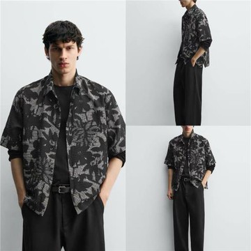 柜429！ZA春夏新品男裝寬松時尚拼接印花垂性短袖襯衫4114500 800