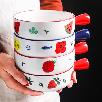 日式烘培碗家用陶瓷餐具網紅草莓帶把手碗泡面碗微波爐專用焗飯碗
