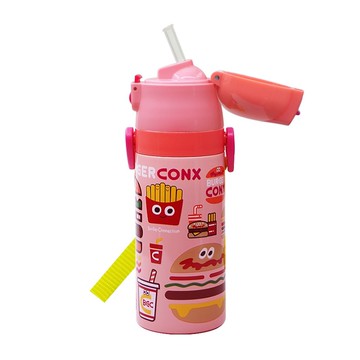 日本 SKATER - 兒童吸管不鏽鋼保溫水壺(400ml)-草莓漢堡