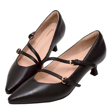 ANNSTAR 彭彭PON聯名-歐美真皮雙繫帶跟鞋5cm-黑