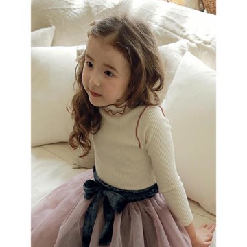 女童半高領打底衫秋冬新款韓版女孩純色波浪領T恤兒童百搭上衣