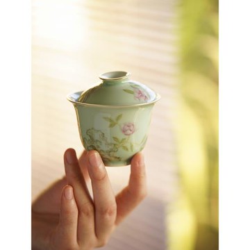 七月長蓋碗手繪牡丹陶瓷主人杯高腳杯泡茶碗禮盒裝景德鎮云由山坊
