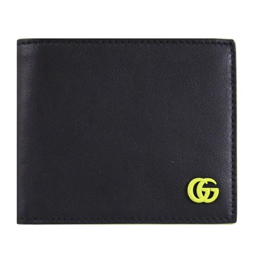 GUCCI GG Marmont 軟質皮革對折8卡短夾.黑/螢光綠