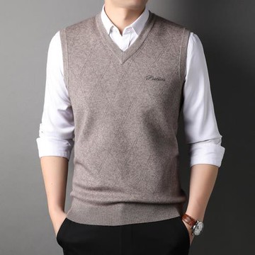 春秋季新款針織衫馬甲男士V領毛衣背心中年爸爸裝無袖坎肩馬夾男