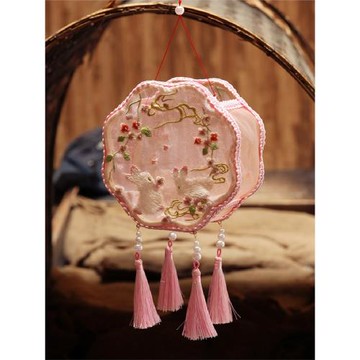 復古風刺繡小兔子手提宮燈籠兒童漢服拍照中秋節粉色花瓣花燈成品