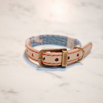 狗 項圈 S號 寬1.5公分 藍 梅花鹿 日本布 植揉皮革 可加購吊牌 可上牽繩