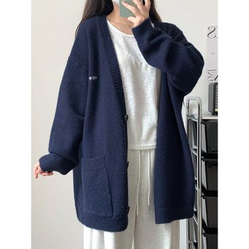 春秋季開衫毛衣外套女2025新款爆款藏青色慵懶風寬松針織衫高級感