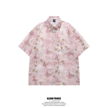 GPstudio慵懶風流蘇蝴蝶滿印短袖襯衫男夏季設計感小眾海邊花襯衣
