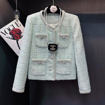 圓領釘珠小香風外套2025年春季新款設計感小眾粗花呢白鴨絨羽絨服