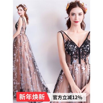 星空黑色音樂生鋼琴演出成人禮藝考主持人宴會生日年會晚禮服9018