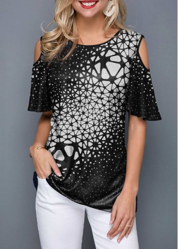 Round Neck Cold Shoulder Geometric Print T Shirt