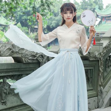 改良漢服古風套裝裙中國風文藝繡花上衣+半身裙兩件套班服超仙女