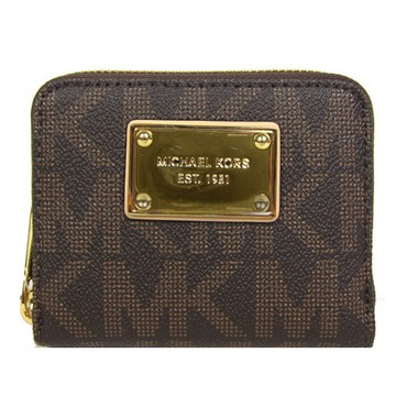 MICHAEL KORS 鐵牌MK字皮革拉鍊短夾(咖啡)