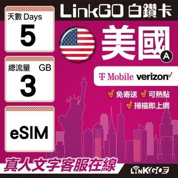 LinkGO白鑽卡 美國A eSIM卡 5天上網卡 總流量3GB  高速流量(美國網卡 舊金山 洛杉磯 紐約 西雅圖)