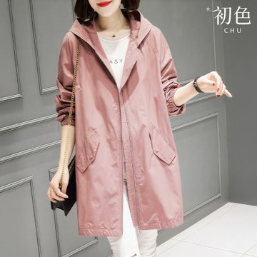 初色 通勤風純色束繩收袖連帽拉鍊風衣外套女外套-共5色-15661(M-4XL可選)