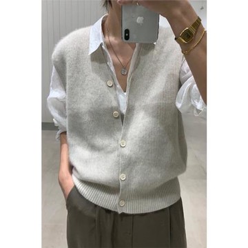 羊絨背心馬甲針織開衫女v領寬松日系秋季疊穿羊毛坎肩馬夾外搭