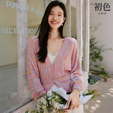 初色 彩虹條紋薄款V領長袖針織衫外套女外套-共2色-15534(M-XL可選)