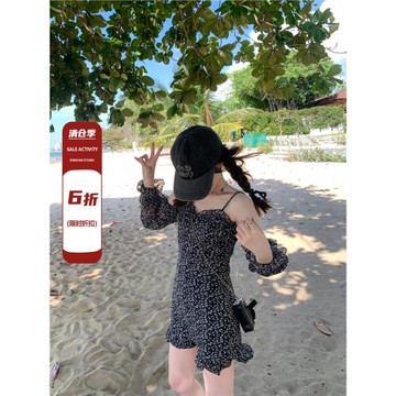 【6折清倉】孔真煩吶 碎花泡泡長袖吊帶連衣裙女初秋裙子新款短裙