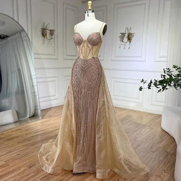 【女神婚紗禮服】奢華性感美背細肩帶紗罩魚尾長裙晚禮服LA72451焦糖棕