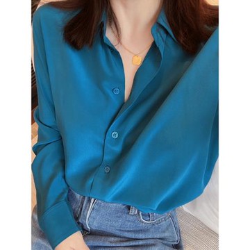 25新色高ji浪漫孔雀藍法式優雅氣質經典軟糯桑蠶絲真絲長袖襯衫