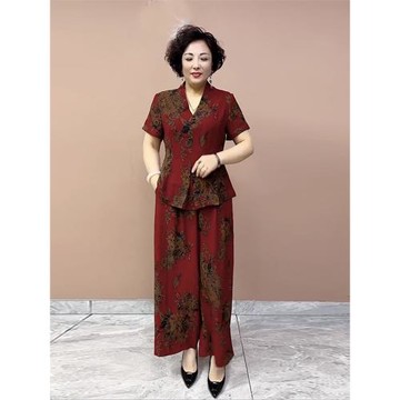 闊太太兩件套春夏新款真絲水墨印花八分袖上衣配高腰闊腿褲裙套裝