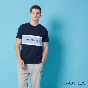 Nautica男裝 撞色拼接短袖品牌LOGO短袖T恤-深藍色