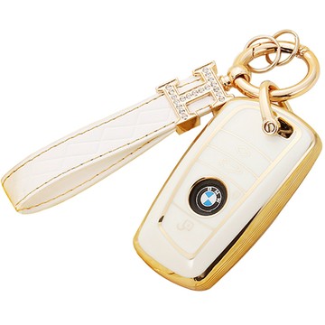 Hamate BMW 奢華金 TPU 鑰匙殼 + 皮革鑰匙圈組  B型  白色