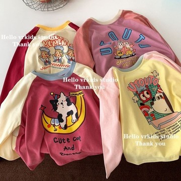 【秋季新品】 兒童打底衫 女童長袖T恤 兒童秋裝 女童純棉長袖 卡通印花插肩袖T恤 秋季新款 韓版兒童圓領洋氣上衣潮T